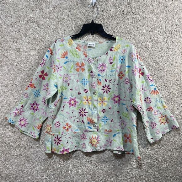 Habitat 3 Piece Skirt Set Women's Small 100% Linen Mint Green Floral Maxi Blazer - Picture 10 of 12